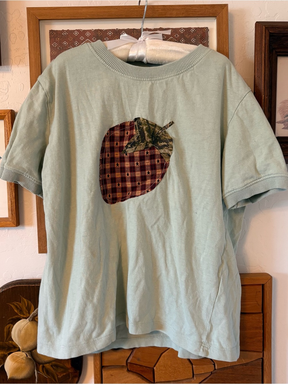 Kids Upcycled Zara T-Shirt with Plaid and Camo Strawberry Patchwork Applique